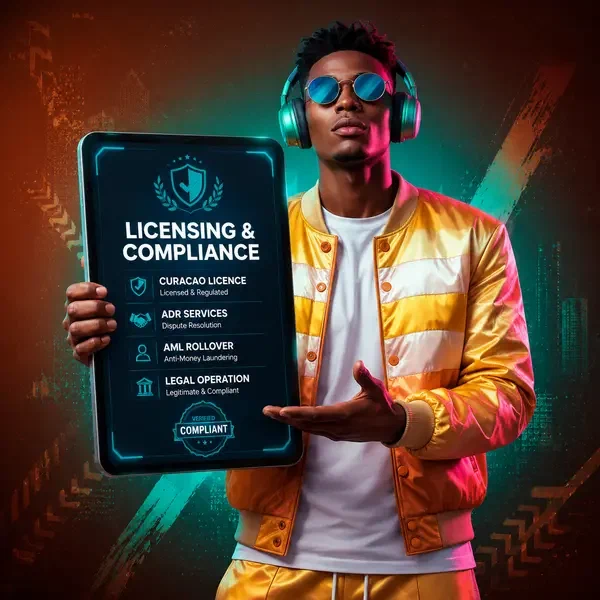 Confident DJ displaying SlotsDJ licensing certificate on tablet for legal operation