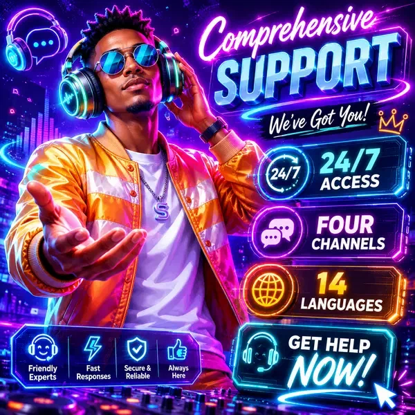 Character with futuristic headphones guiding players to comprehensive SlotsDJ customer support